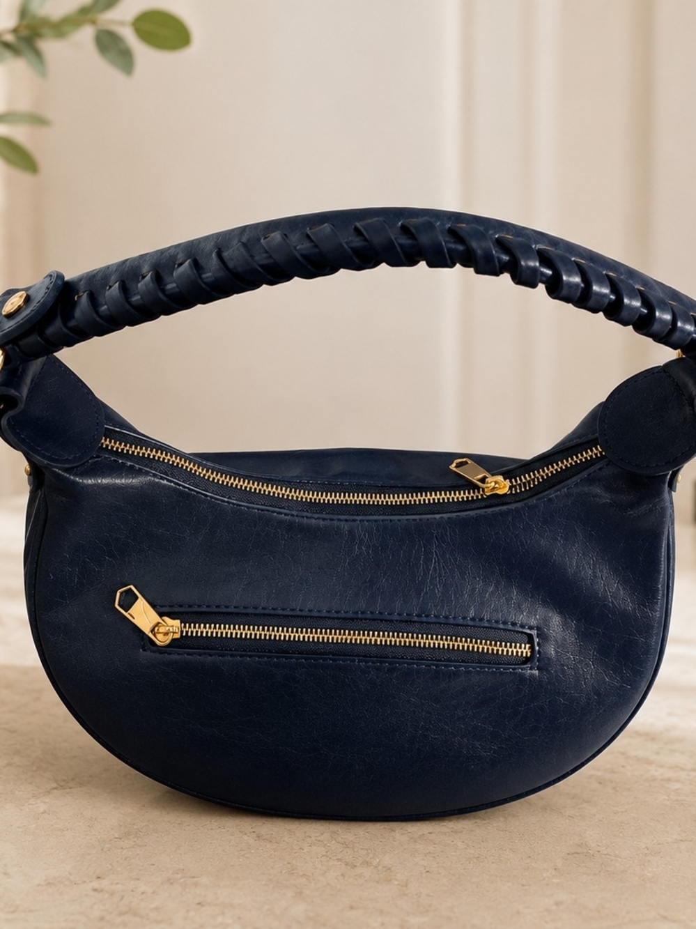 Isabelle Curved Crescent Shoulder Bag in Navy - Picture 4 of 5